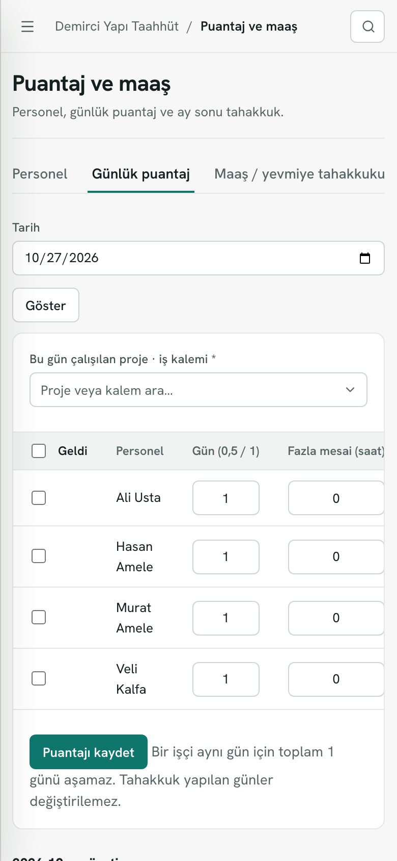 Telefonda günlük puantaj
